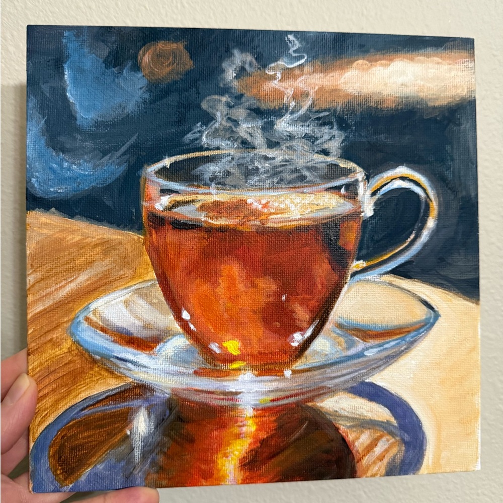 Steaming Tea Cup Canvas Painting, 8”x 8”